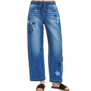 Blue Star-Embroidered Wide Leg Women’s Jeans Sz L [8/10]